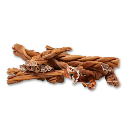 All-natural braided collagen sticks dog treats promoting joint, skin, and coat health, made from 100% beef dermis, 6-inch, 4-pack.