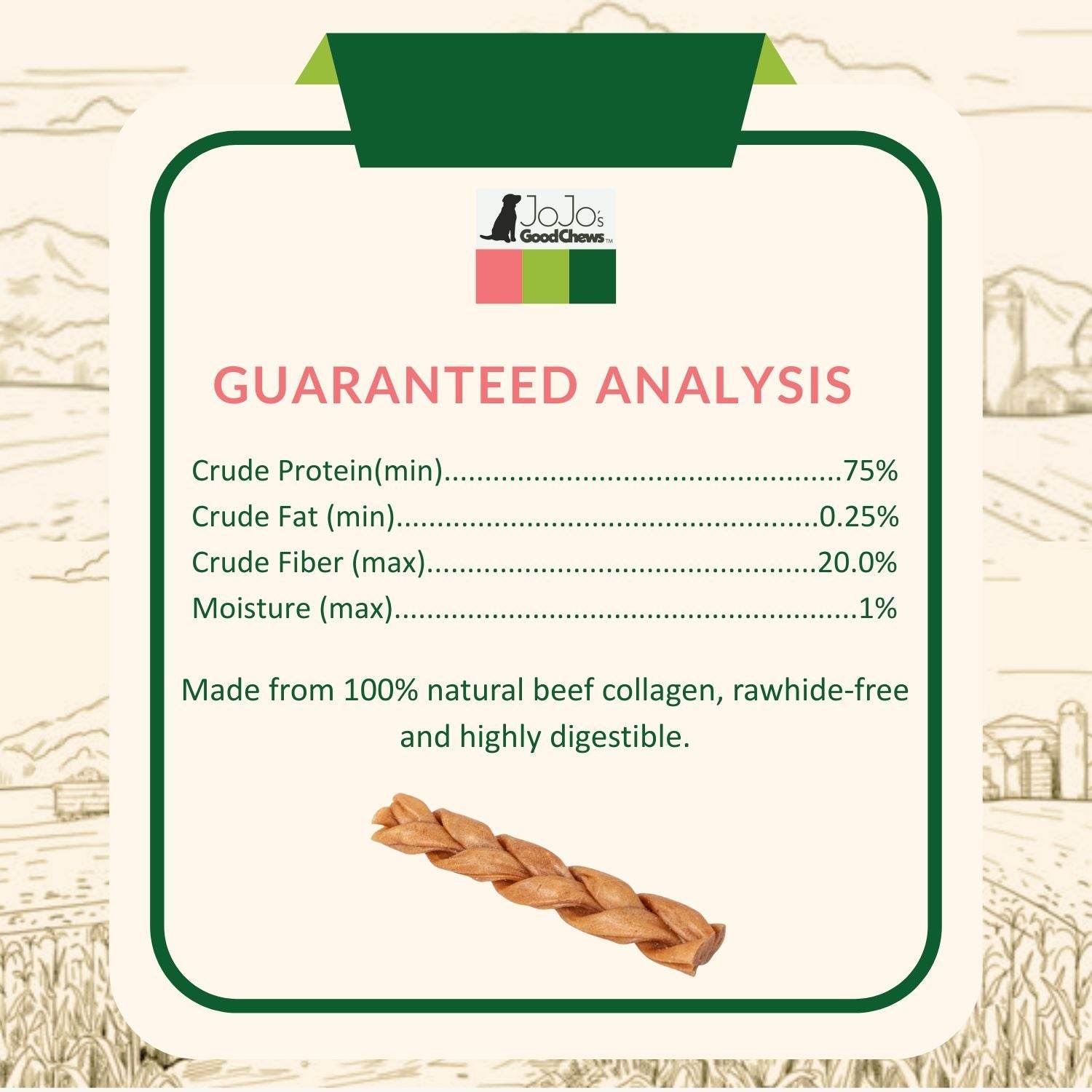 All-Natural Braided Collagen Stick dog treat made from 100% natural beef collagen, supports joint, skin, and coat health, rawhide-free and highly digestible.
