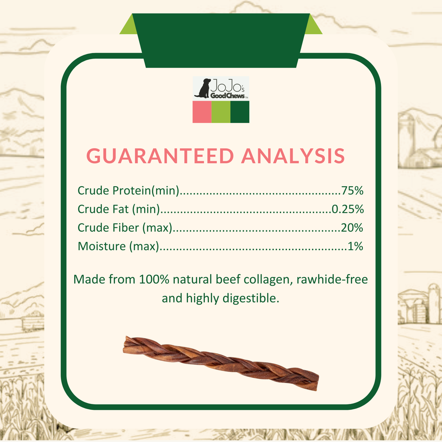 Braided collagen stick dog treat made from 100% natural beef collagen, promoting joint health and safe for hard chewers.