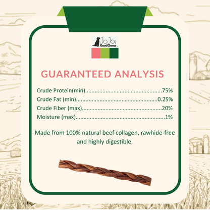 Braided collagen stick dog treat made from 100% natural beef collagen, promoting joint health and safe for hard chewers.