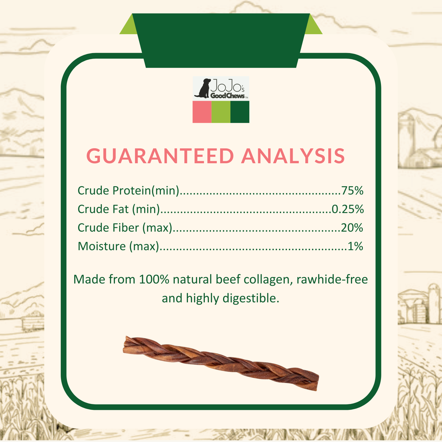 All-Natural Braided Collagen Stick dog treat made from 100% natural beef collagen, supports joint, skin, and coat health, grain-free and suitable for hard chewers.