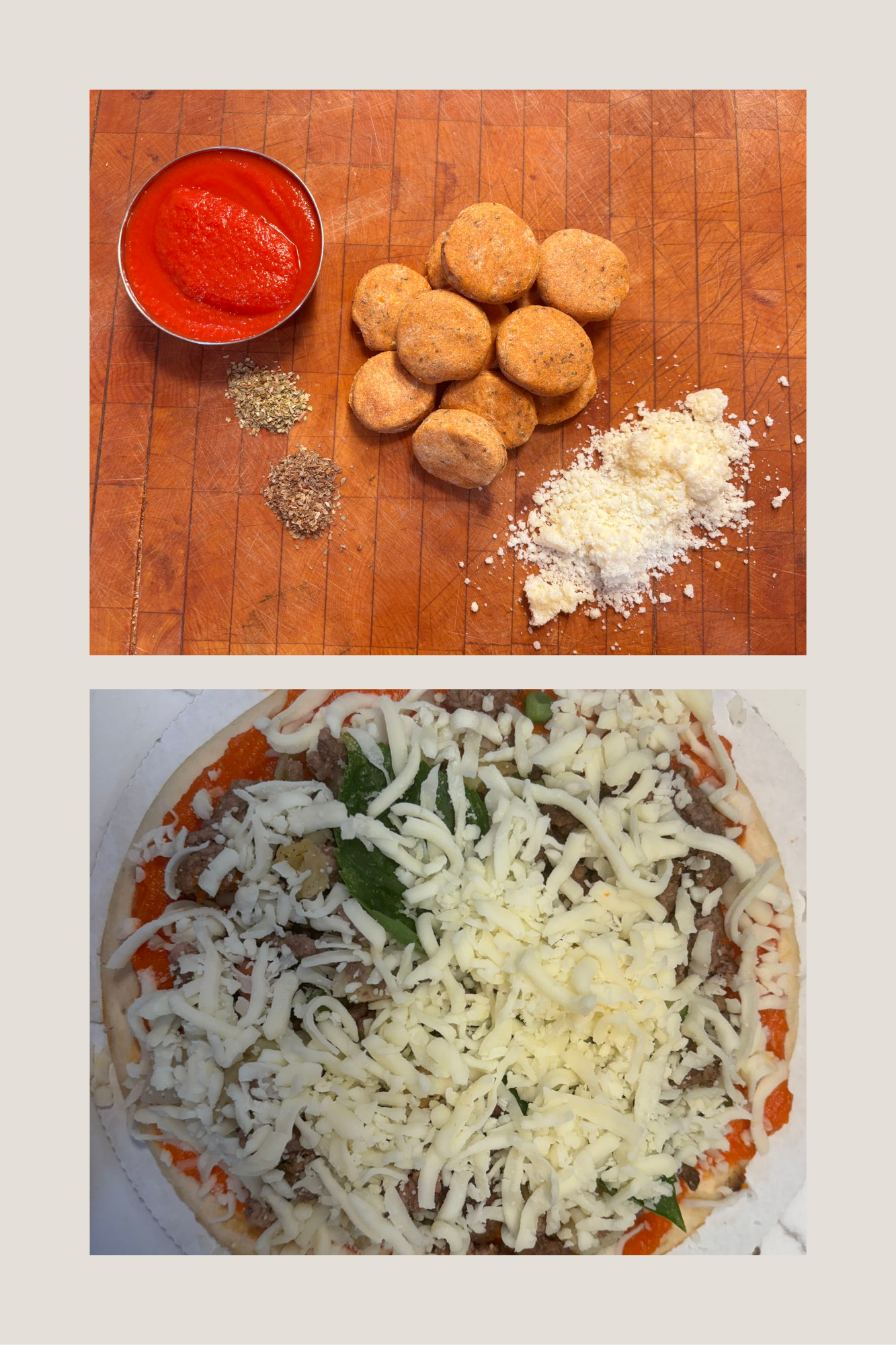 Finn’s Organic Pizza dog treats with tomato sauce, seasoning, and cheese on wooden board and uncooked pizza with cheese and spinach on white plate