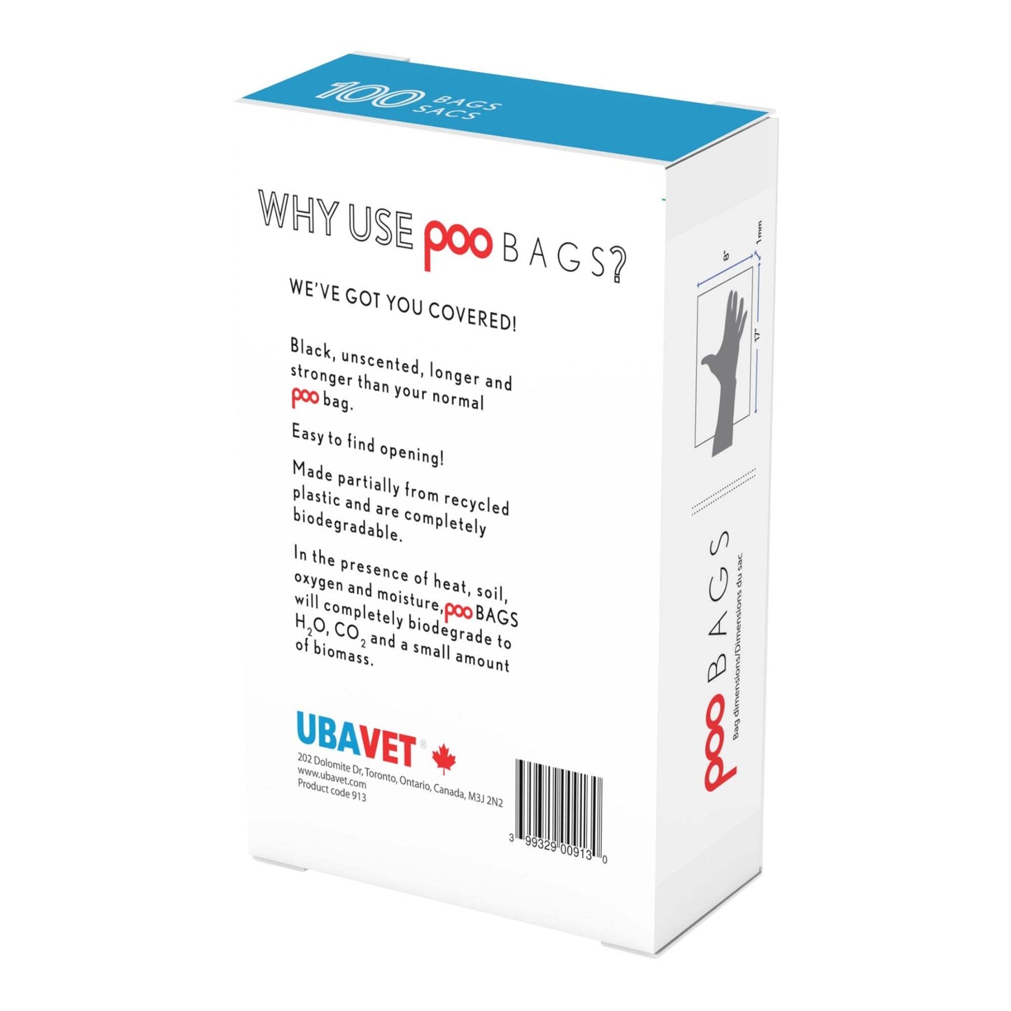 Box of UBAVET DOO Extra-Long Waste Bags for Dogs and Cats, 100-Pack, durable and unscented