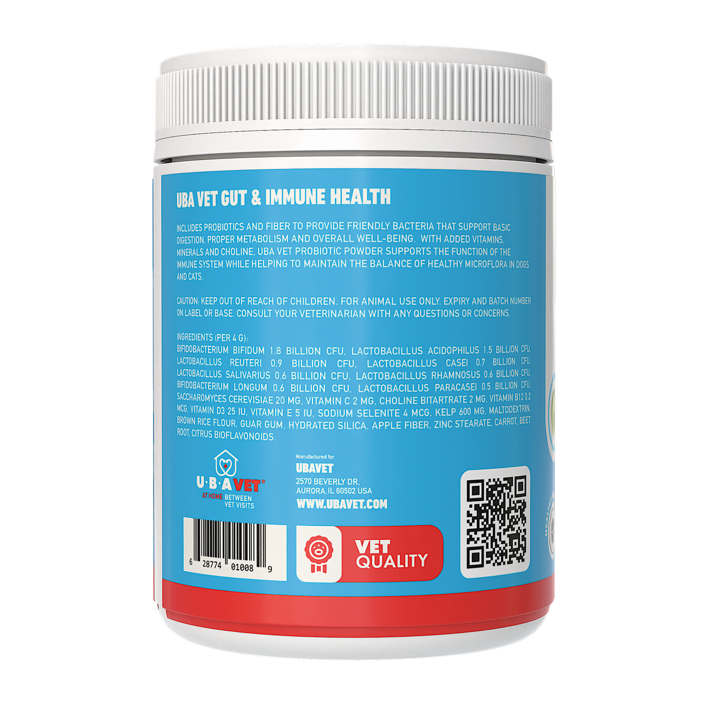 UBAVET Probiotics & Gut + Immune Health Support powder for dogs and cats with over 1 billion CFUs per gram, natural ingredients, and immune support.