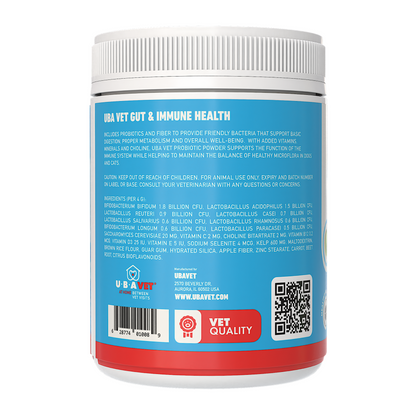 UBAVET Probiotics & Gut + Immune Health Support powder for dogs and cats with over 1 billion CFUs per gram, natural ingredients, and immune support.