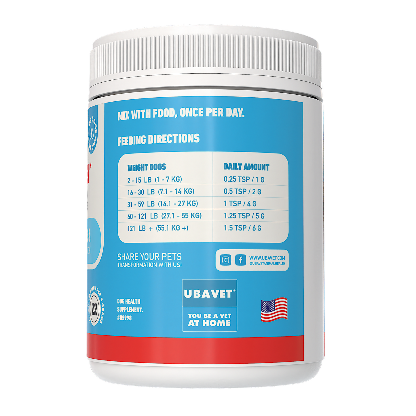 UBAVET Probiotics & Gut + Immune Health Support powder for dogs and cats with over 1 billion CFUs per gram to boost digestion and immunity