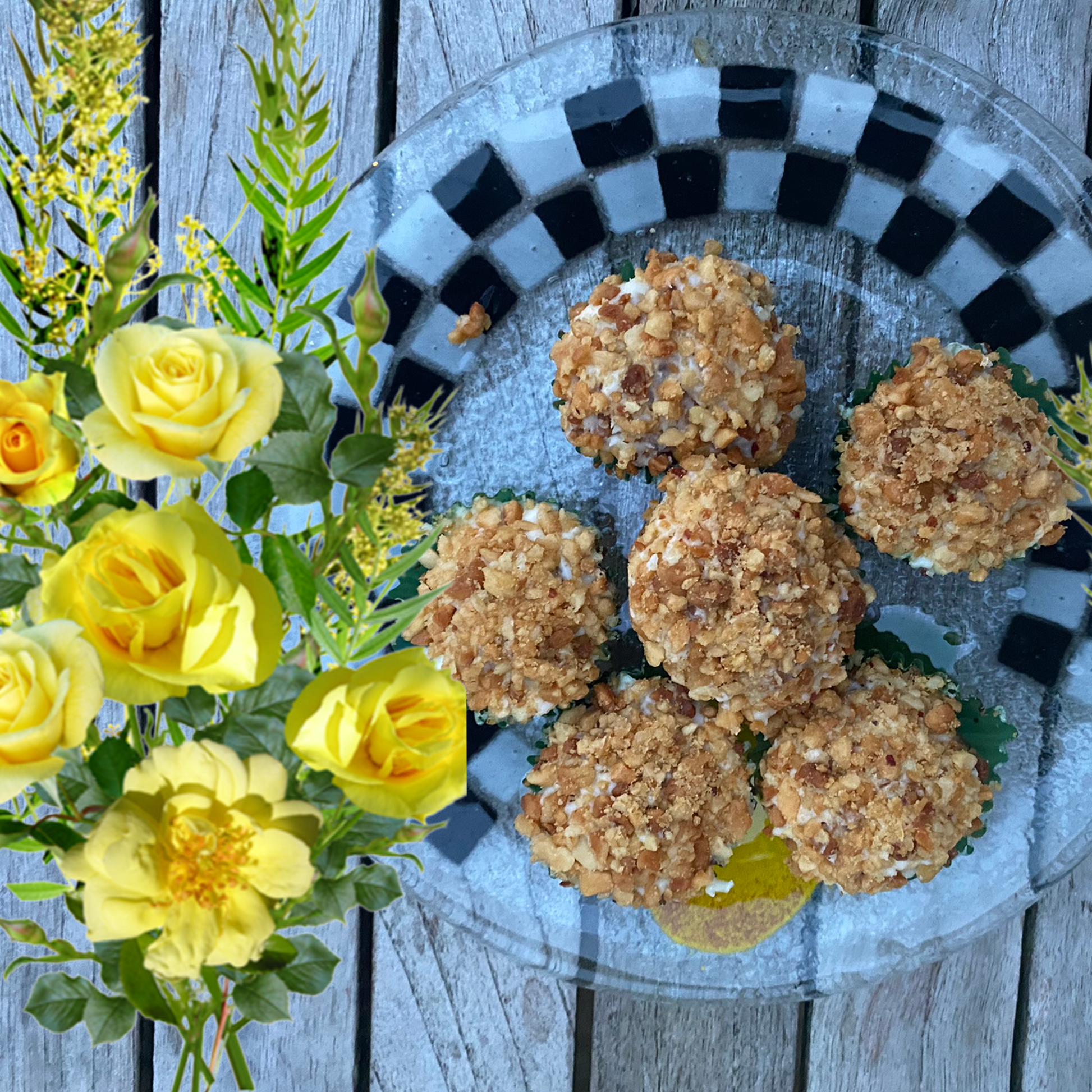 Dozen apple pupcakes organic dog treats with nut topping on checkered plate