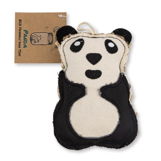 Canvas and jute panda-shaped durable dog chew toy made with non-toxic materials for small to medium dogs