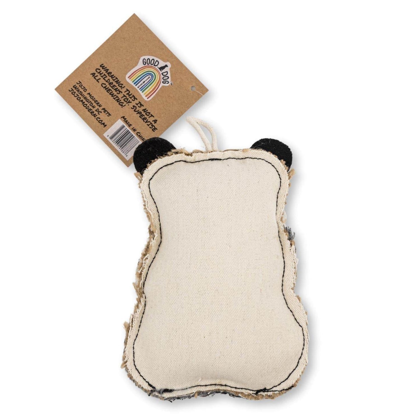 Canvas and jute panda-shaped dog chew toy made from durable, non-toxic natural fibers for small to medium dogs