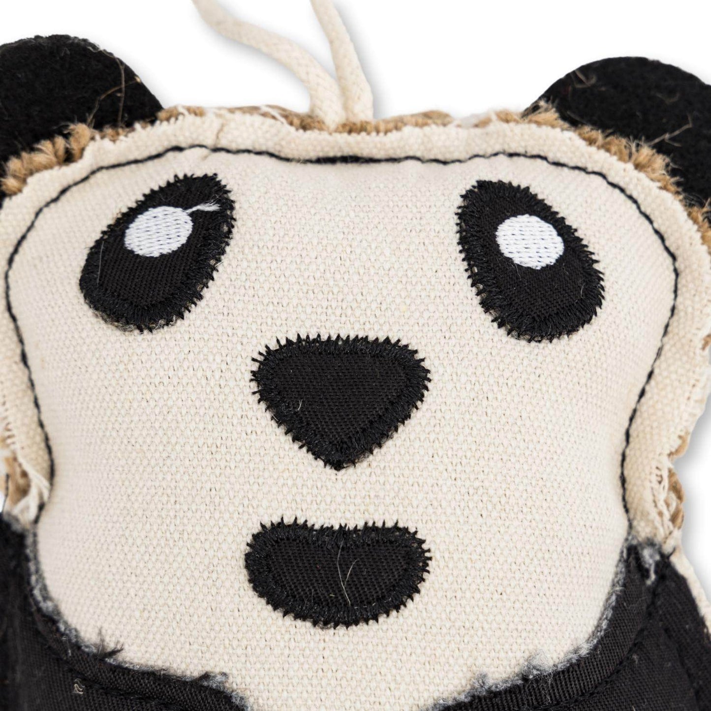 Close-up of Canvas & Jute Panda-Shaped Dog Chew Toy made from durable, non-toxic natural fibers