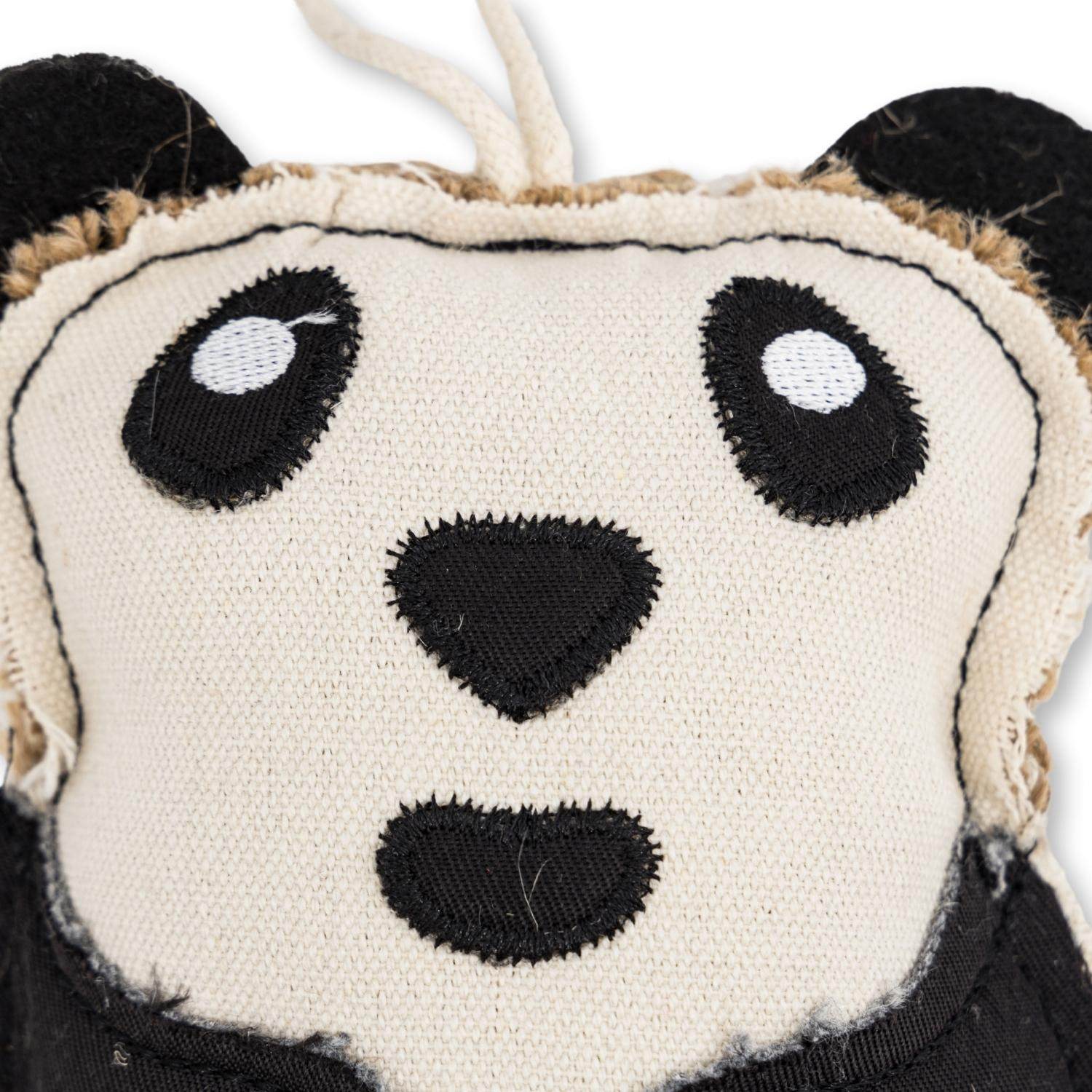 Close-up of Canvas & Jute Panda-Shaped Dog Chew Toy made from durable, non-toxic natural fibers