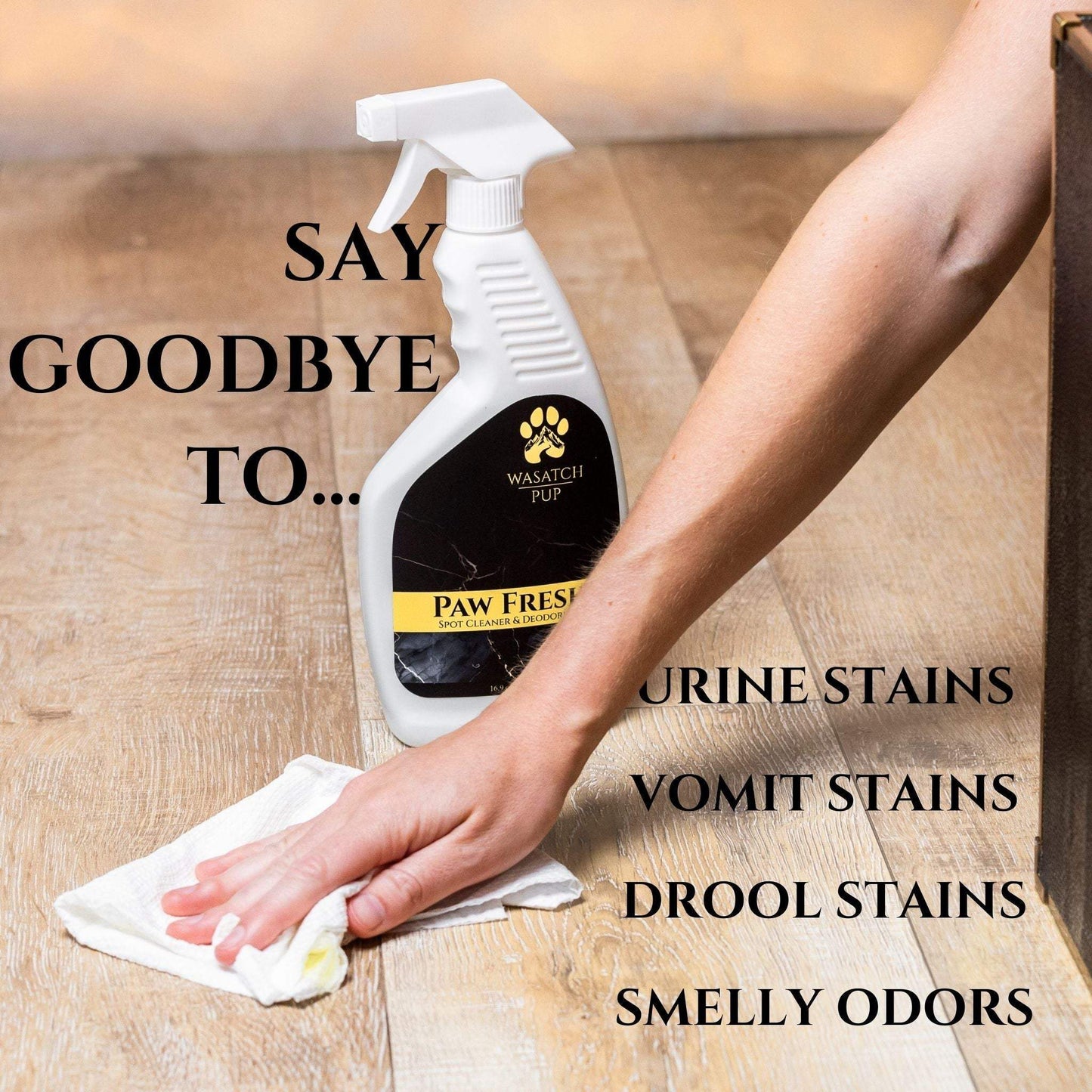 Paw Fresh spot cleaner and deodorizer spray removing pet urine, vomit, drool stains, and odors from hardwood floor with a wiping cloth