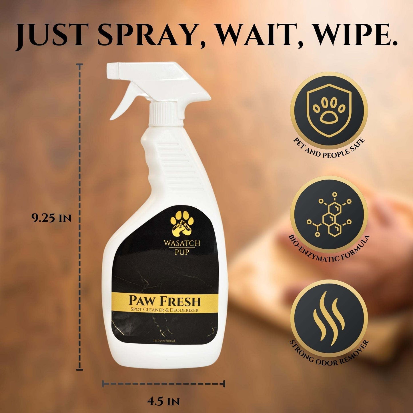 Paw Fresh spot cleaner and deodorizer spray bottle with pet-safe, bio-enzymatic formula and strong odor remover icons