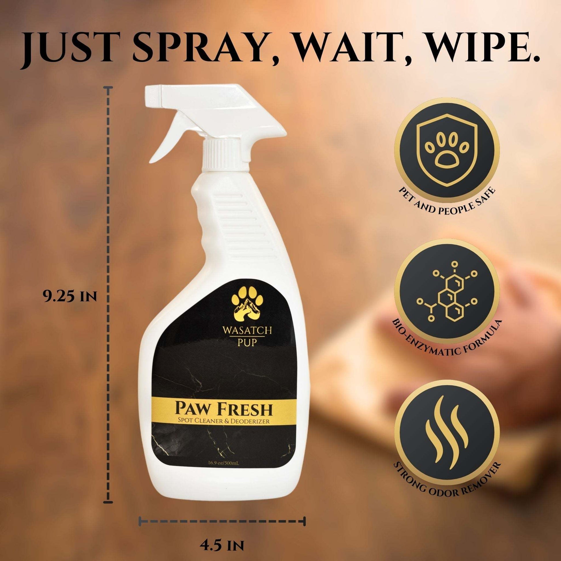 Paw Fresh spot cleaner and deodorizer spray bottle with pet-safe, bio-enzymatic formula and strong odor remover icons