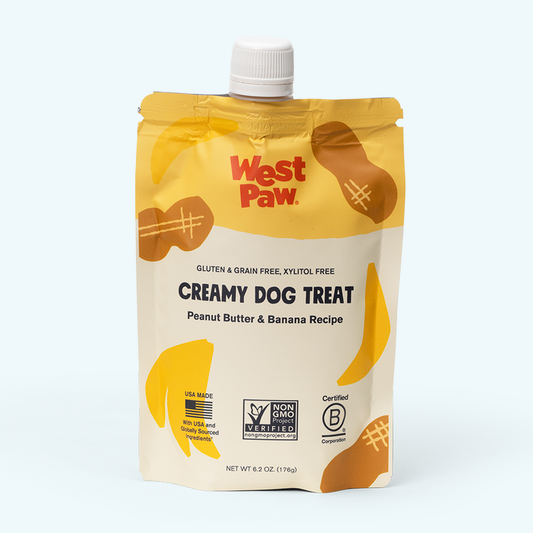 Creamy peanut butter and banana dog treat pouch for healthy rewarding
