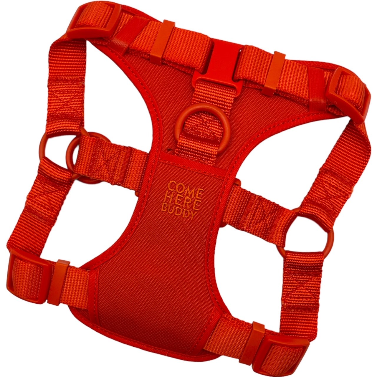 Red padded step in dog harness with adjustable straps and secure buckles for comfortable walks