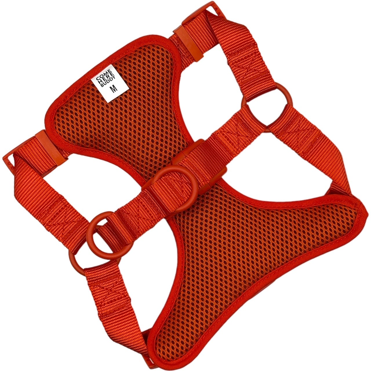 Adjustable red padded step in dog harness with secure buckles and dual D-rings for walking and pull control