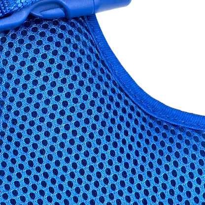 Close-up of blue padded mesh Step In Dog Harness with adjustable buckle and breathable fabric