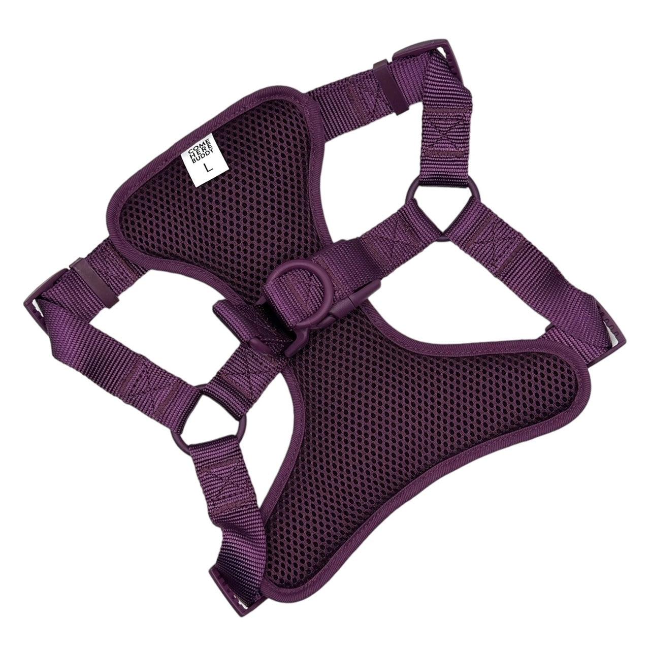 Purple padded step in dog harness with adjustable straps and secure buckles for comfortable walks
