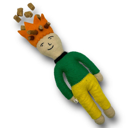 Prince and Princess Dog Felt Toy with orange crown, green shirt, and yellow pants for mental enrichment and slow feeding