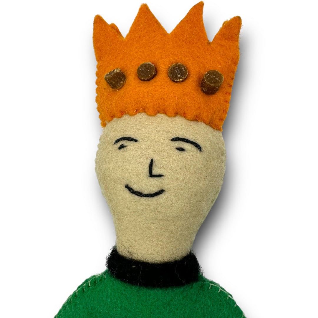Prince & Princess Dog Felt Toy with orange crown, beige face, and green body for pet mental enrichment and slow feeding