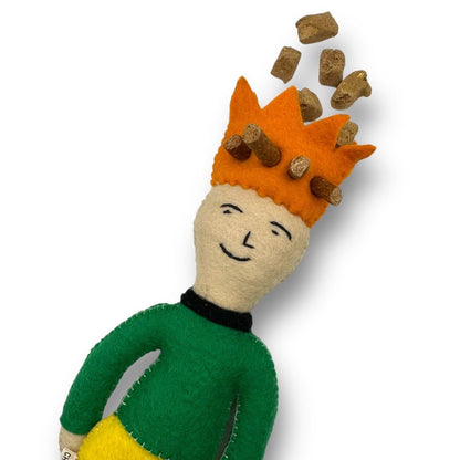 Prince and Princess Dog Felt Toy with orange crown and green outfit, made of safe wool blend for mental stimulation and slow feeding.