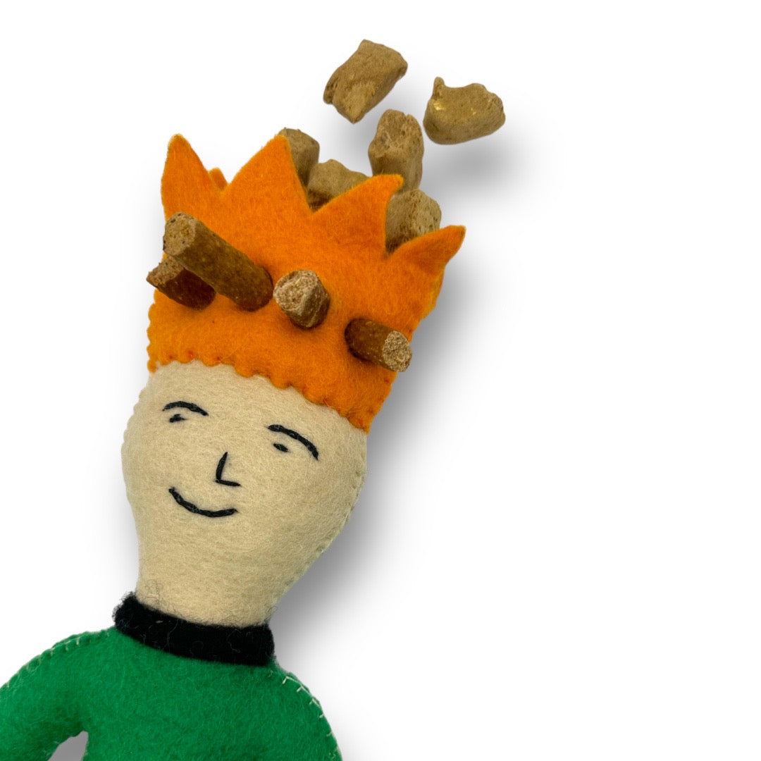 Prince & Princess Dog Felt Toy with orange crown and green outfit, stuffed with dog treats, durable and non-toxic toy for mental enrichment