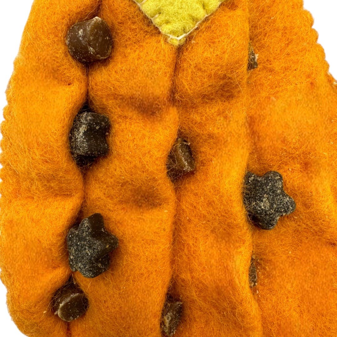 Prince & Princess Dog Felt Toys orange felt dog toy with textured black spots close-up