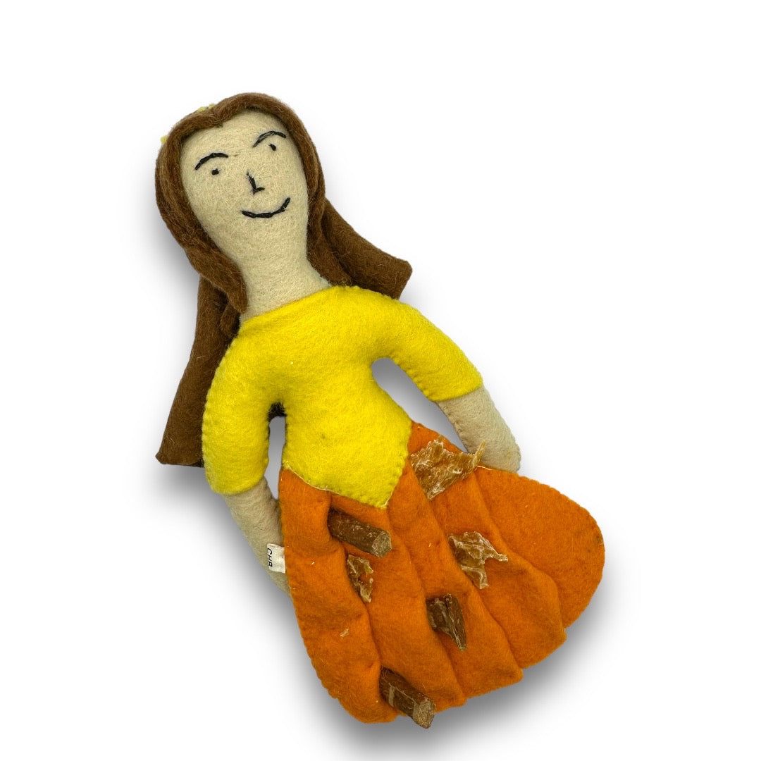 Prince & Princess Dog Felt Toy in yellow and orange felt dress with brown hair and embroidered face for pet play and mental stimulation