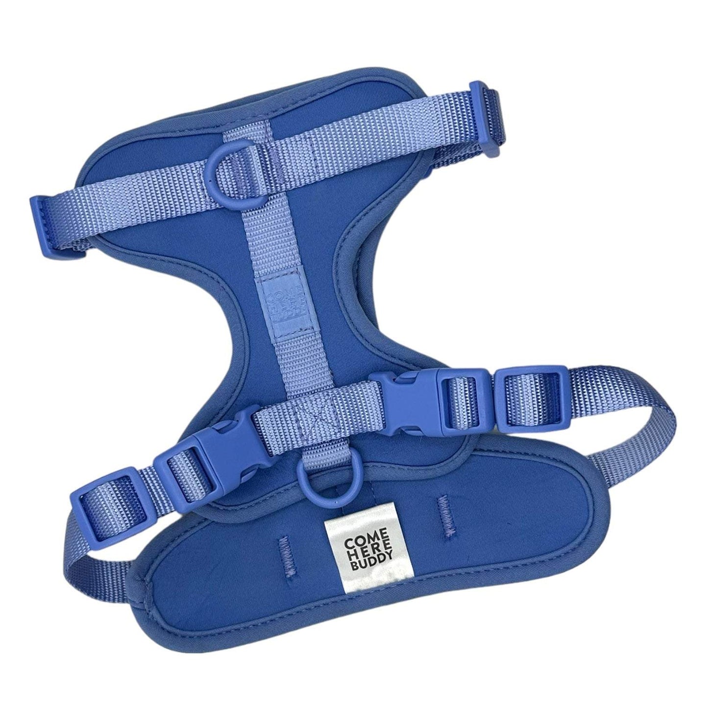 Comfortable stretchy and classic blue cushioned dog harness with adjustable straps and quick-release buckle