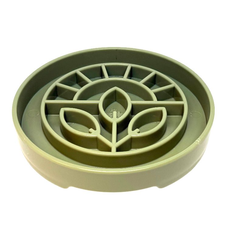 Garden Design eTray shallow slow feeder dog bowl with raised ridges and floral pattern in apple green for slow eating and enrichment