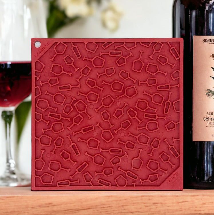 Red Vino Dog eMat lick mat with textured grape and vine wine-inspired pattern for dog enrichment and anxiety relief
