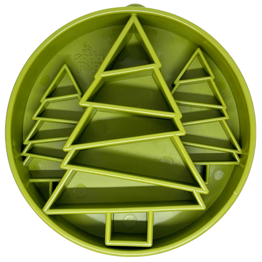 Green Pine Tree Christmas eBowl slow feeder dog bowl with segmented chambers for feeding enrichment and bloat prevention