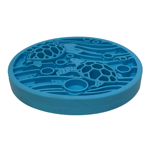 Blue Turtle eMat-Mini lick mat with suction cups for small dogs and cats, textured turtle design for enrichment and slow feeding