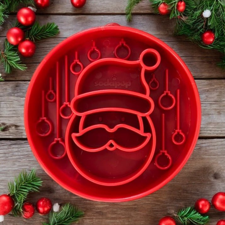 Santa Christmas eBowl red slow feeder dog bowl with festive Santa face design for healthy eating enrichment