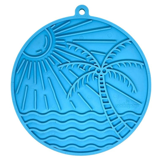 Blue Sun n' Sea eMat enrichment lick mat for dogs with sun, palm tree, and sea wave textures