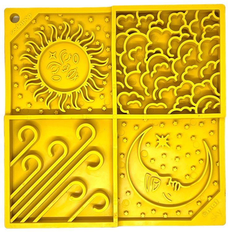 Yellow Sky eMat - enrichment lick mat with celestial sun, cloud, wind, and moon patterns for dogs and cats