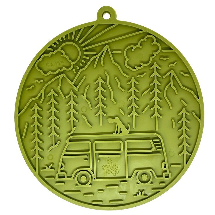 Camp eMat dog lick mat with suction cups and retro camper van design in green