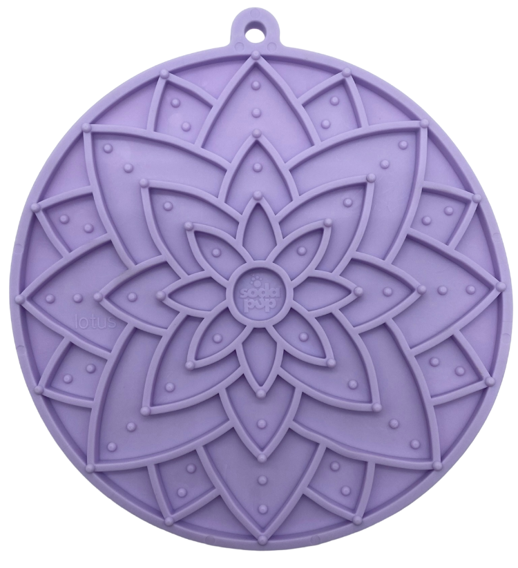 Pastel purple Lotus Design enrichment lick mat with suction cups for dogs and cats, USA made, multi-texture surface for slow feeding and anxiety relief