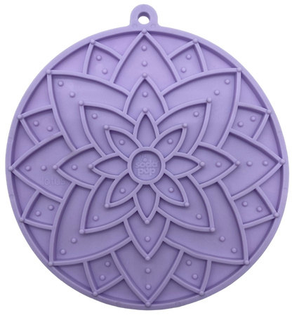 Pastel purple Lotus Design enrichment lick mat with suction cups for dogs and cats, USA made, multi-texture surface for slow feeding and anxiety relief