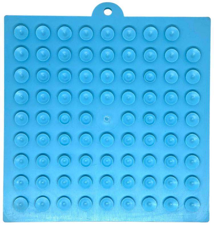 Blue suction cup holder for securing dog bowls and lick mats on smooth surfaces