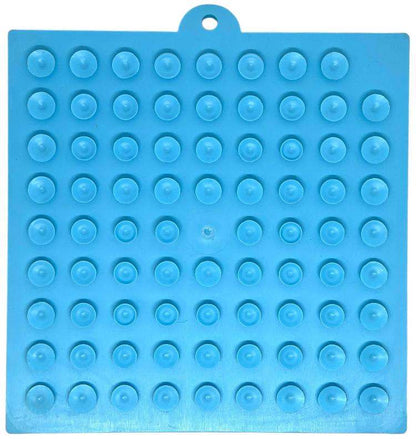 Blue suction cup holder for securing dog bowls and lick mats on smooth surfaces