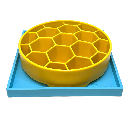 Yellow slow feeder dog bowl on blue suction cup holder for stable feeding