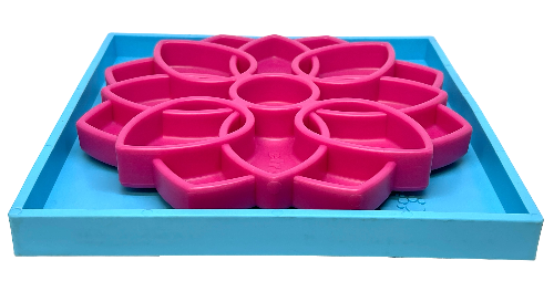 SodaPup Hold 'em suction cup holder securing pink lick mat on blue tray for dogs