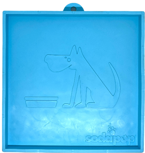 Blue SodaPup Hold 'em suction cup holder for dog bowls and lick mats with dog and bowl design