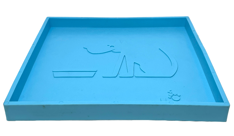 Blue silicone dog lick mat with raised edges and embossed dog and bowl design