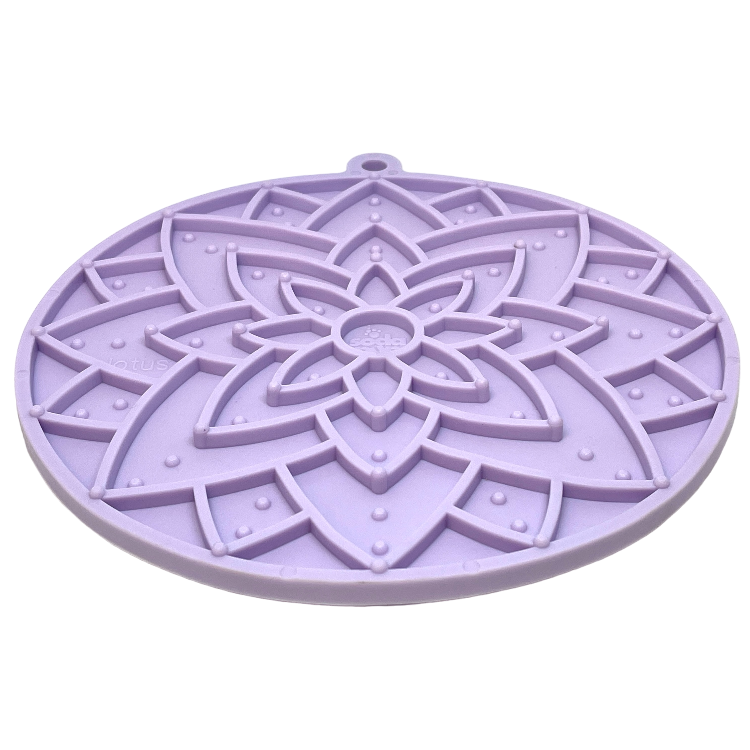 Lotus design enrichment lick mat with suction cups for dogs and cats, pastel purple, FDA-compliant, made in USA