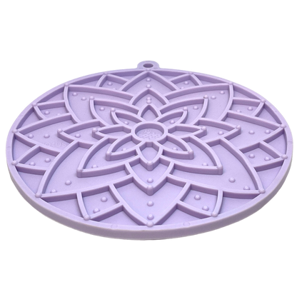 Lotus design enrichment lick mat with suction cups for dogs and cats, pastel purple, FDA-compliant, made in USA
