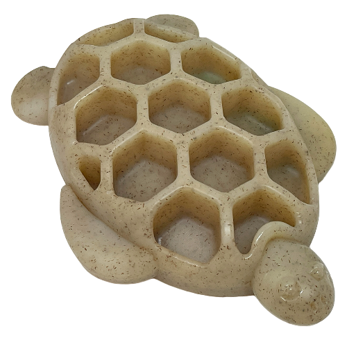 Turtle-shaped ultra-durable nylon and wood composite chew toy with textured shell for power chewers and treat enrichment