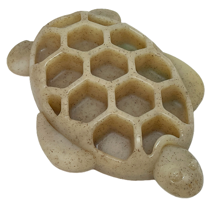 Turtle-shaped ultra-durable nylon and wood composite chew toy with textured shell for power chewers and treat enrichment